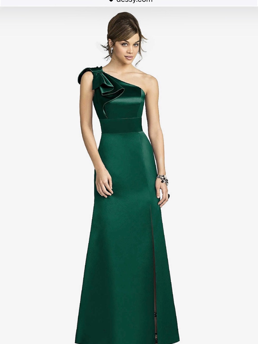 After Six One-Shoulder Emerald Satin Gown with Sculpted Shoulder